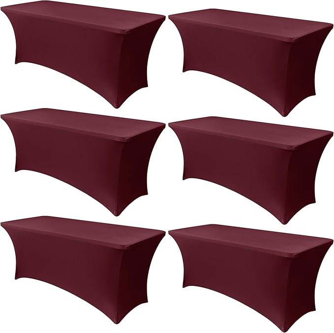 Obstal 6 Pack Stretch Spandex Table Covers for 6 Foot Tables - 6 FT Universal Rectangular Fitted Tablecloth Protector for Wedding, Banquet, Party, 72 Length x 30 Width x 30 Height Inches, Wine Red