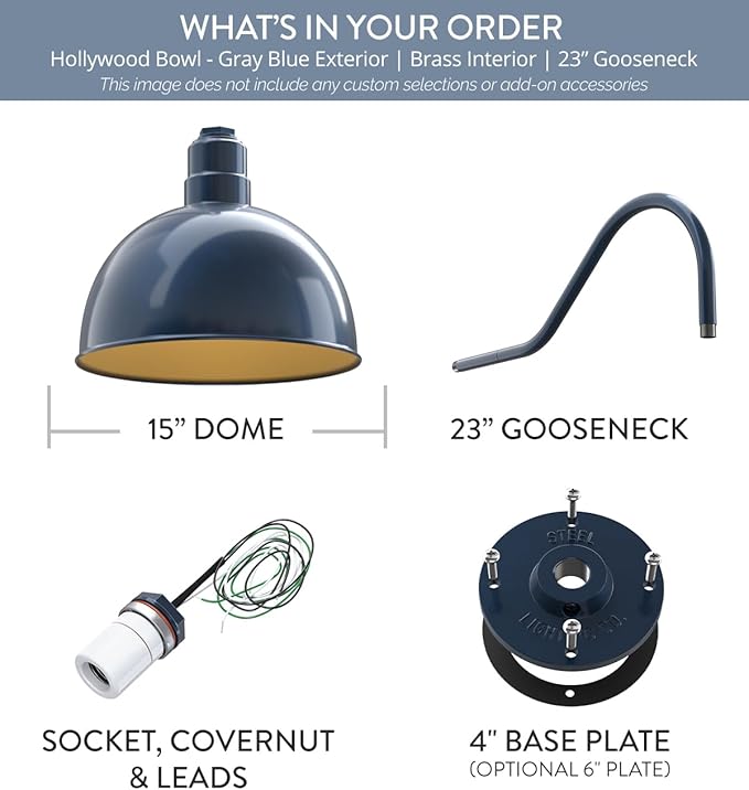 Steel Lighting Co. Hollywood Bowl Light | Outdoor Wall Mounted | 15 inch Bowl Dome | 23" Gooseneck | Barn Light Made in America | Gray Blue Exterior/Brass Interior