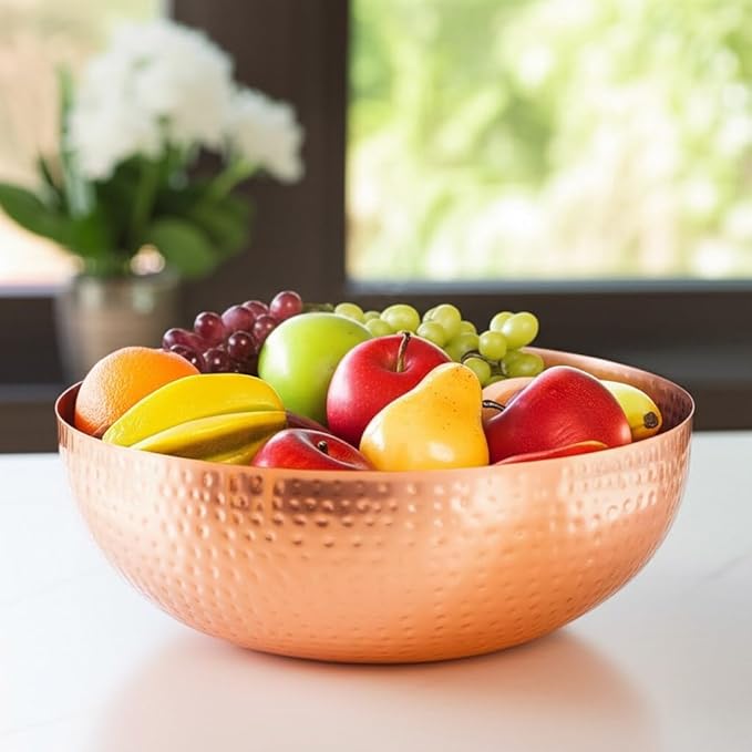 Red Co. 13" Elegant Handcrafted Hammered Round Bowl, Decorative Centerpiece, Large, Copper Finish