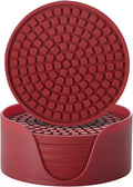 Colinda Silicone Drink Coasters with Holder, Set of 6, Outdoor Cup Mat for Hot or Cold Drinks, Thickened, Non-Slip,Non-Stick, Merlot Red