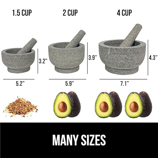 GORILLA GRIP Heavy Duty XL Mortar and Pestle Set with Slip Resistant Base, 4 Cup, 100% Granite Stone Molcajete Guacamole Bowl, Grind Seeds, Spices, Crush Garlic, Kitchen Muddler for Fresh Herbs, Gray