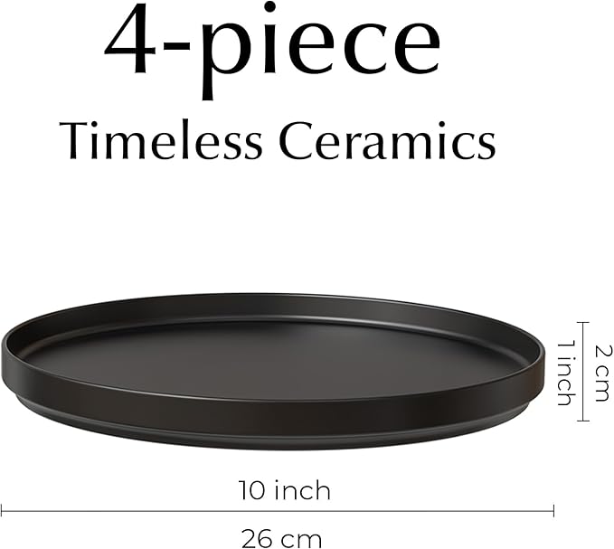 MIAMIO – Ceramic Dinner Plates Set for 4 People/Ceramic Dinnerware 4-Piece, Modern Stoneware, Dishwasher & Microwave Safe – Luxe Collection (Black, 10 Inch)