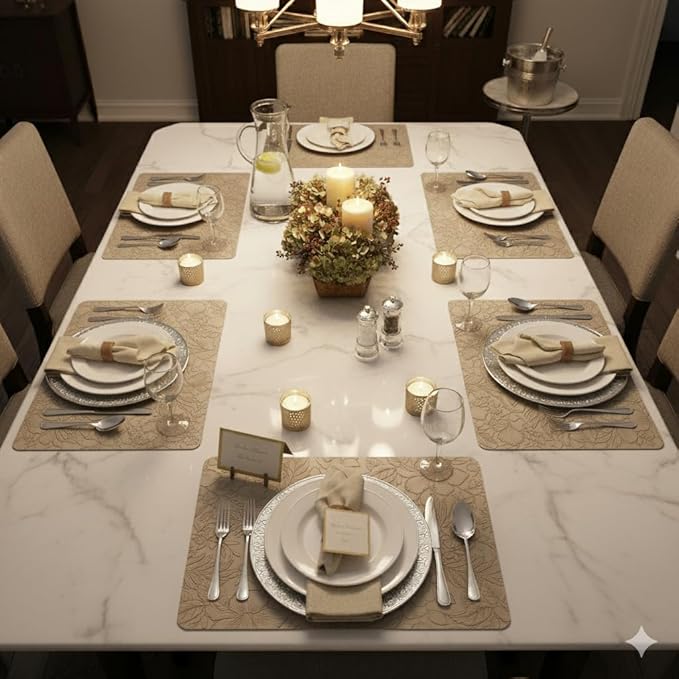 SolaraDawn Faux Leather Table Placemats Set of 4, Washable, Wipeable & Heat-Resistant Table Mats, Waterproof Dining Place Mats with Embossed Texture for Kitchen & Dining, Beige, 17" × 12"