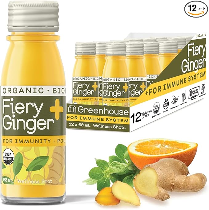 Greenhouse Juice Organic Fiery Ginger & Turmeric Wellness Shot, Anti-Inflammatory, Immune Support, Vegan & Gluten-Free, 12-Count 60ml Glass Bottles
