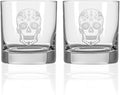 Rolf Glass Sugar Skull On the Rocks Glass | Set of 2 Etched 11oz Whiskey Glasses | Made in America | Mardi Gras Tumblers