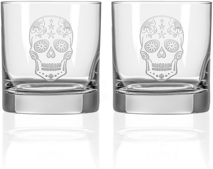 Rolf Glass Sugar Skull On the Rocks Glass | Set of 2 Etched 11oz Whiskey Glasses | Made in America | Mardi Gras Tumblers