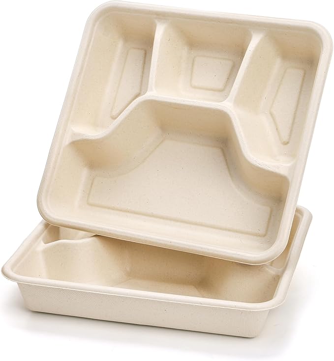 TOPZEA 50 Pack 4 Compartment Disposable Paper Plates, 9.4"x 8.6" Compostable Deep Divided Plates Heavy Duty Bagasse School Lunch Tray, Sugarcane Sectional Plate Food Containers for Dinner Buffet Party