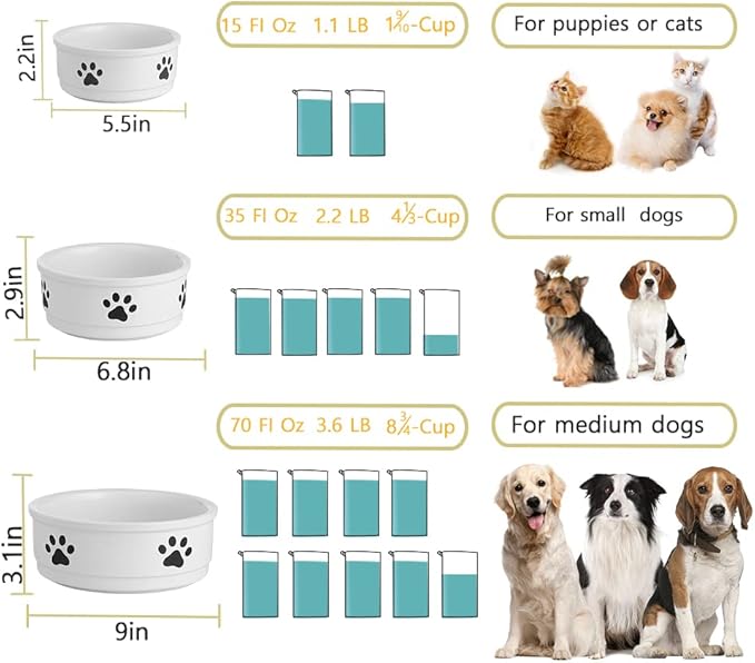 Sweejar Ceramic Dog Bowls with Paw Pattern, Dog Food Dish for Small Dogs, Porcelain Pet Bowl for Water 16 Fl Oz (White)
