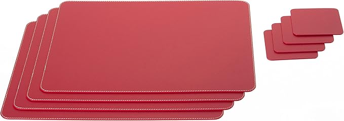 Nikalaz Set of Red Placemats and Coasters, 4 Table Mats and 4 Coasters, Recycled Leather, Place Mats 18'' x 13'' and Coasters 3.9'' x 3.9''