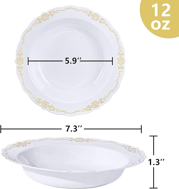 DaYammi 100 Pack Plastic Bowls with Gold Rim, 12oz Disposable Soup Bowls, Gold Plastic bowls Disposable Heavy Duty Dinner Bowl for Weddings, Plastic Serving Bowl for Parties, Catering and Everyday Use