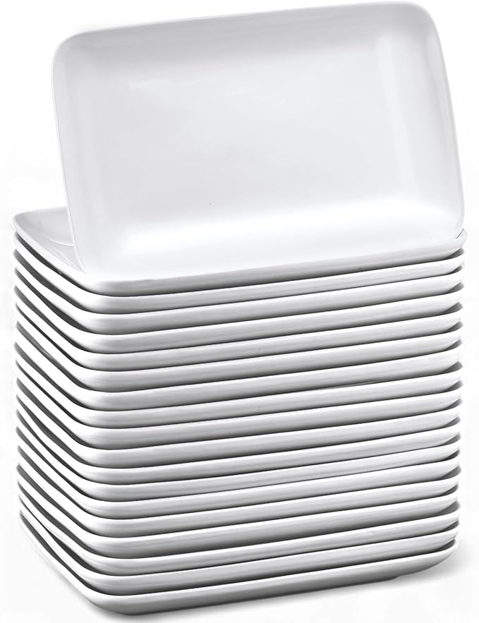Irenare 20 Pcs 9 Inch Rectangular Salad Plates White Rectangular Porcelain Dessert Plates Appetizer Serving Tray Porcelain Platters for Fruit Sushi Dinner Parties, Microwave, Oven Safe