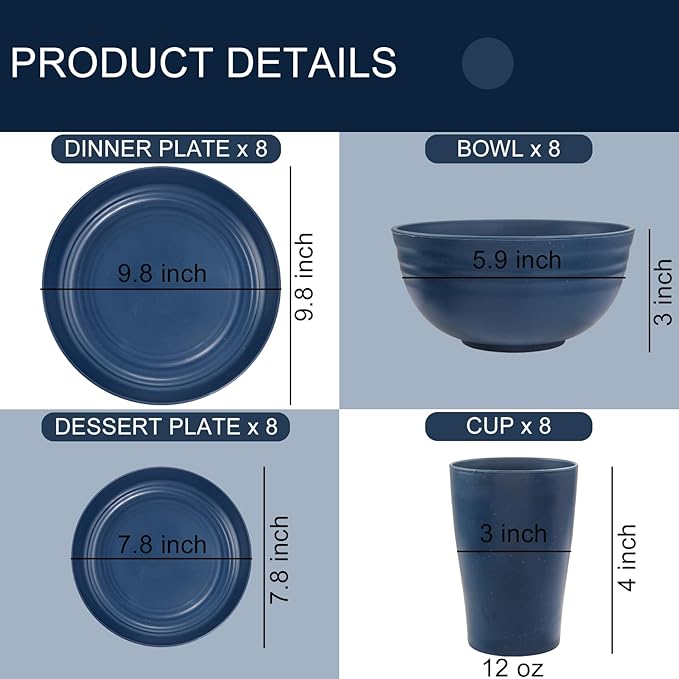 Supernal Wheat Straw Dinnerware Sets, Tableware Set for 8, Plates and Bowls Sets, Reusable Dinnerware Set, Dishwasher Safe, Blue Plastic Dinnerware Sets 16pcs Plates, 8pcs Bowls, 8pcs Cups