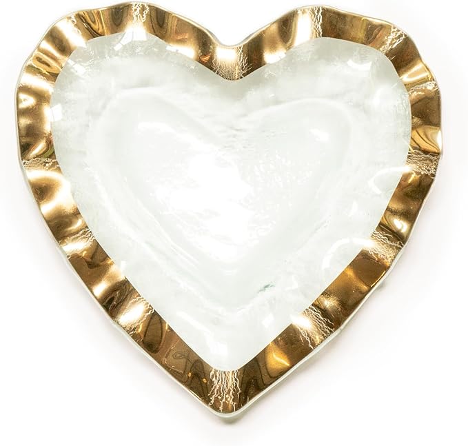 Annieglass Ruffle 8 Inch Heart Bowl with 24k Gold, Timeless Glass Tableware for all Occasions, Made in the USA