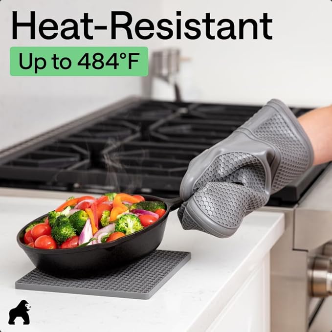 GORILLA GRIP BPA-Free Soft Silicone Oven Mitts and Pot Holders Sets of 4, Heat Resistant Waterproof Cooking Gloves, Thick Cotton Lining, Flexible Gripping for Baking Grilling, Kitchen Trivets, Gray