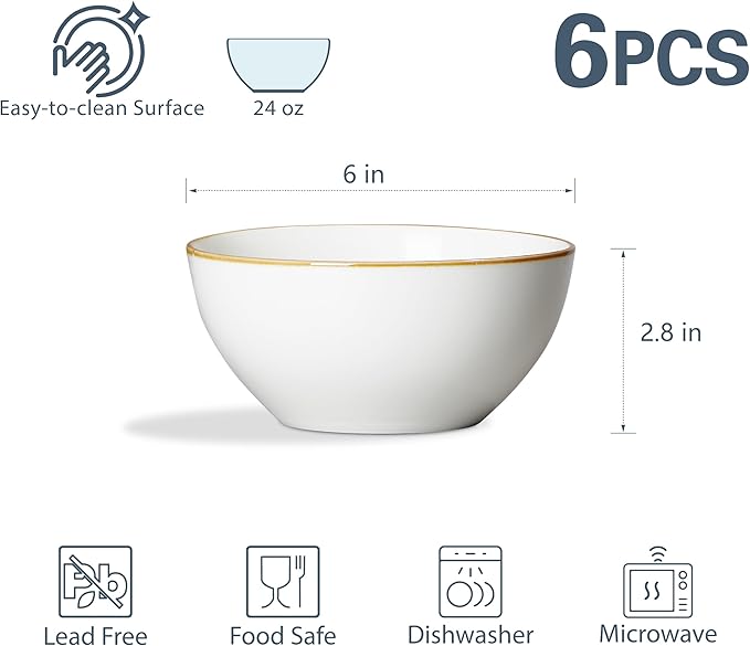 ONEMORE Ceramic Bowl Set of 6, 24 oz Soup Bowl Cereal Bowls with Brown Rim, Serving Bowls for Salad Snack Fruit Rice- Microwave Dishwasher and Oven Safe, Scratch Resistant - Cream White