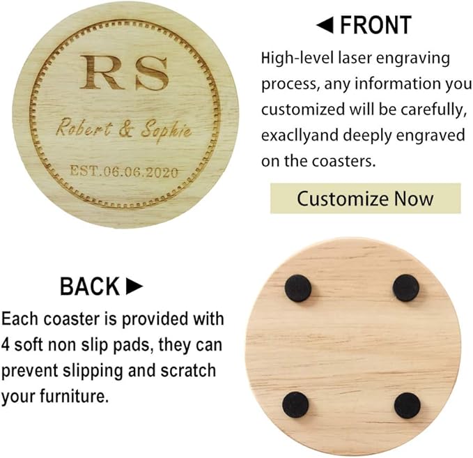 Personalized Wooden Coasters, Custom Engraved Monogram Coasters, Great Gifts for Relatives, Friends or Yourself (Set of 4)