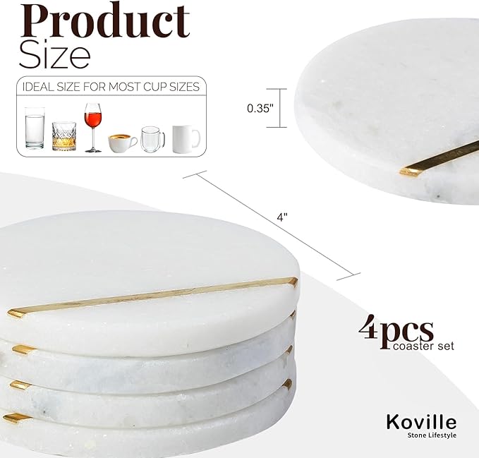 Koville Marble Coaster Set of 4, Round Coasters, 4" Stone Coaster for Drinks Coffee, White Marble with Gold Brass Coasters for Coffee Table Home Bar Decor, Heat Resistant, Gift Choice