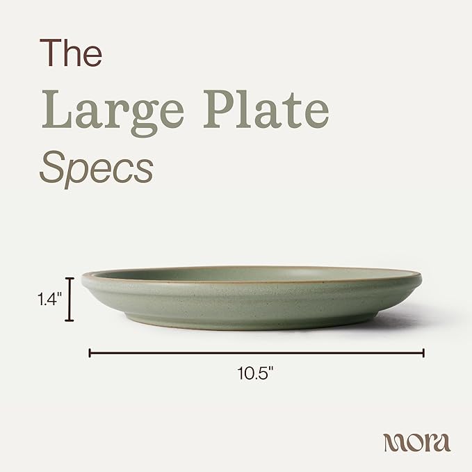 MORA Large Plates Set of 4, 10.5 inch Ceramic Pottery Dinner Plates - Microwave, Oven and Dishwasher Safe - Thyme