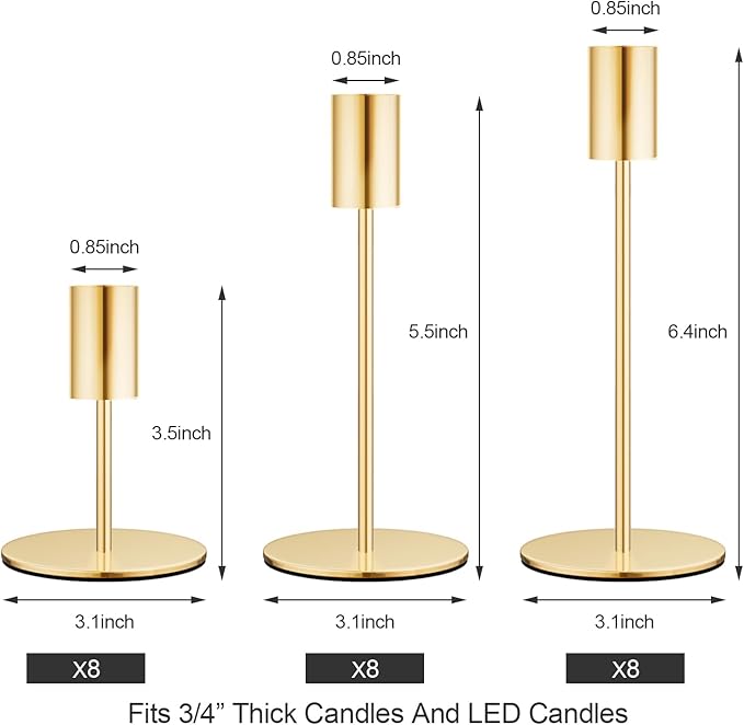 Set of 24 French Gold Taper Candle Holders Bulk Candlestick Holders, Decor Candle Stick Candle Holder for Table or Mantel Centerpiece, Wedding, Dinning, Party Home Decor
