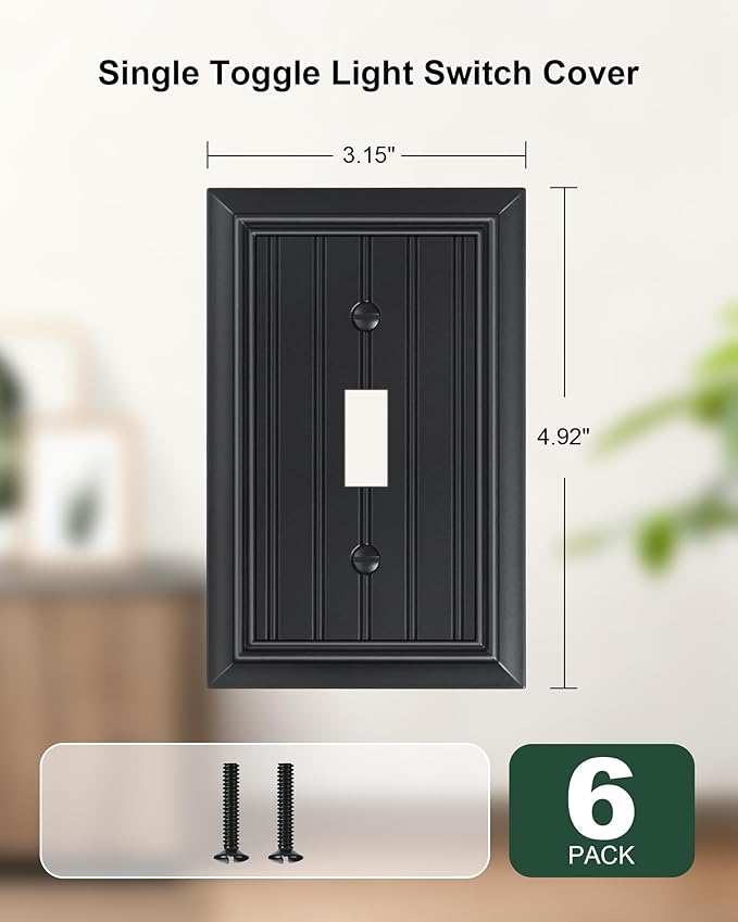 6-Pack Classic Beadboard Single Toggle Light Switch Cover Plate, Durable Natural Bamboo Fiber Decorative Switch Plate Covers, Matte Black 1 Gang Wall Plate