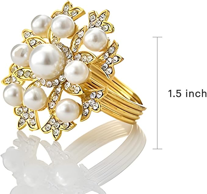Decozen Set of 4 Gold Napkin Rings with Pearl Design, Festive, Table Decor Setting for Holiday, Wedding, Birthday, Kitchen, Home Decor, Housewarming Gift - Thanksgiving & Christmas Gift Decoration