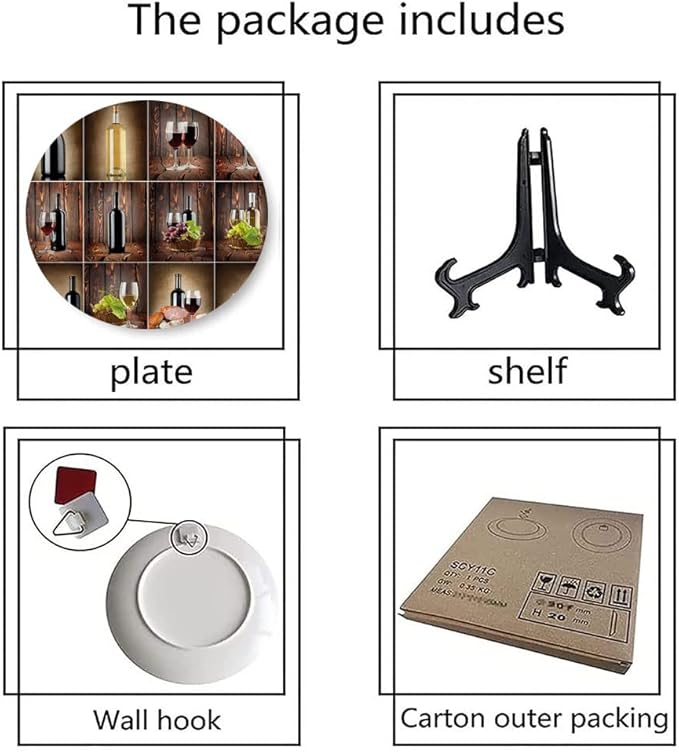 Ceramic Plates, Wine Decorative Ceramic Plates, Wine Themed Collage on Wooden Backdrop with Grapes and, 10 Inch, for Dining, Parties, Wedding, Brown Black Red
