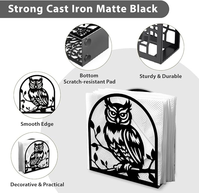 Owl Decorative Black Metal Napkin Holder for Table, 4.9" x 5.3" x 2" Animal Owl On The Branch Standing Napkin Holder for Home Kitchen Restaurant Picnic Party Coffee Bar Dining Room