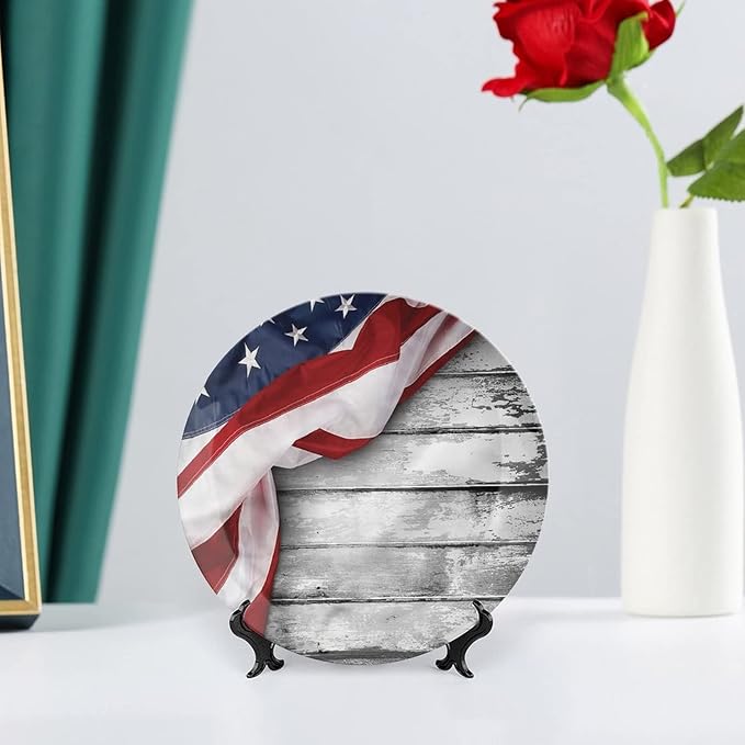 Ceramic Display Plate, American Flag Ceramic Hanging Decorative Plate, Flag on Wood Planks, 7 Inch, Living Room Kitchen Decoration Household, Multicolor