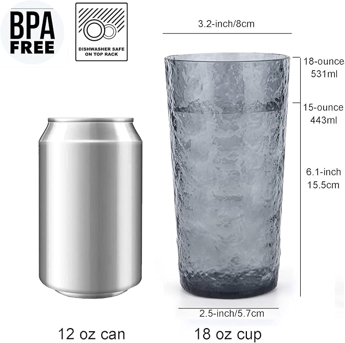 KX-WARE 18-ounce Acrylic Highball Glasses Plastic Tumbler, set of 6 Smoke Gray