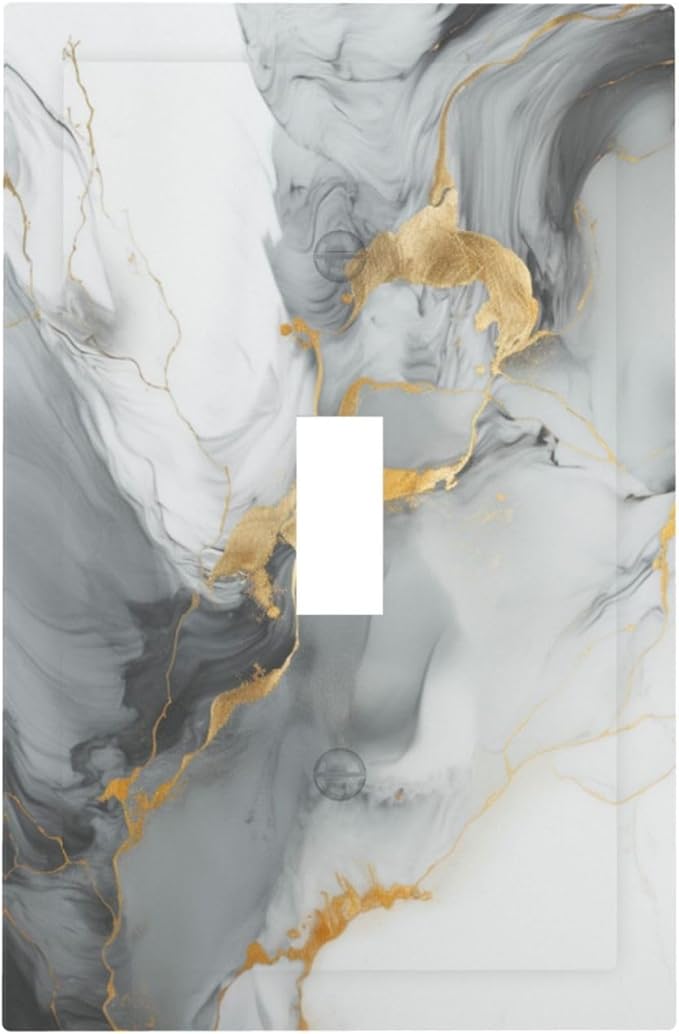 Decorative Light Switch Cover Gray/Gold Marble Abstract Modern Luxury 1 Gang Wall Plate Cover Single Toggle Outlet Covers Switchplate Electrical Faceplate for Bathroom Bedroom Decor（2 Pack）