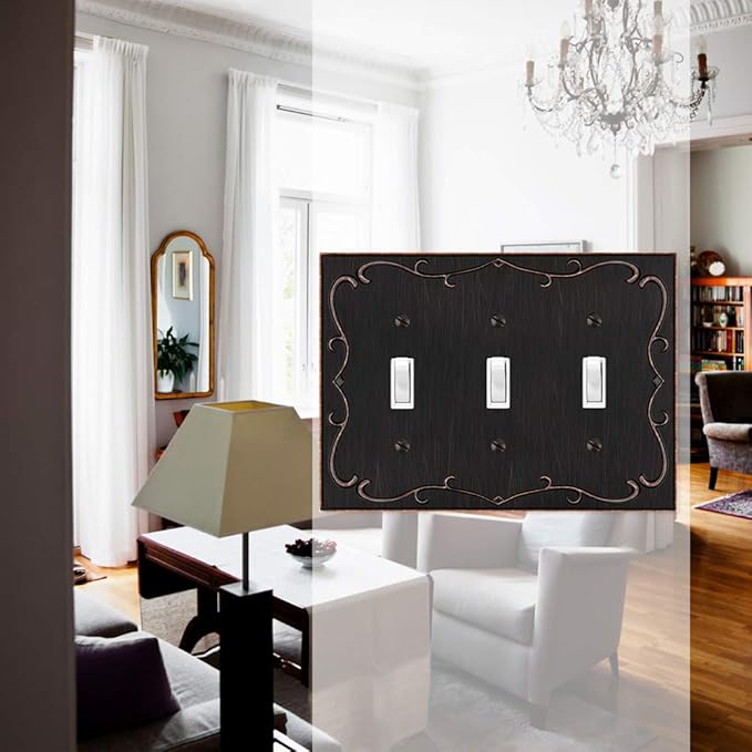 French Cabriole Decorative Wall Plate Switch Plate Outlet Cover (Triple Toggle, Aged Bronze)