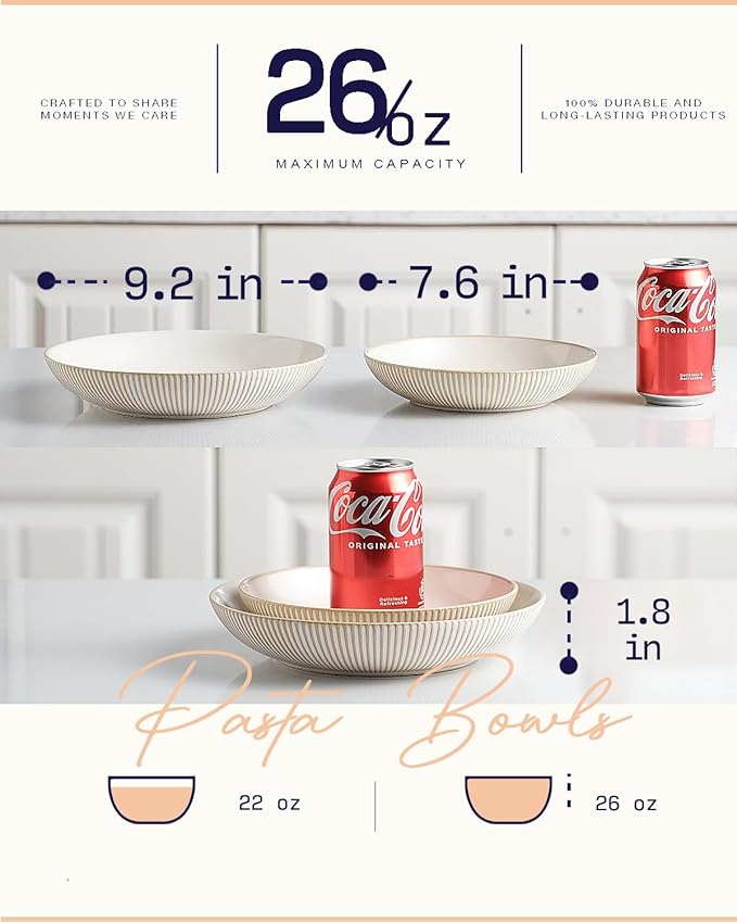 getstar Pasta Bowls, Large Salad Serving Bowls (7.6 inch & 22 oz), Ceramic Bowl Plates Set of 4, Farmhouse Embossments, Microwave and Dishwasher Safe