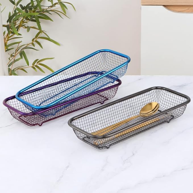 Kitchen Drawer Organizer, Stainless Steel Storage Container Metal Cabinet Storage Basket for Holding Silverware Kitchen Utensil, Pack of 2, Blue