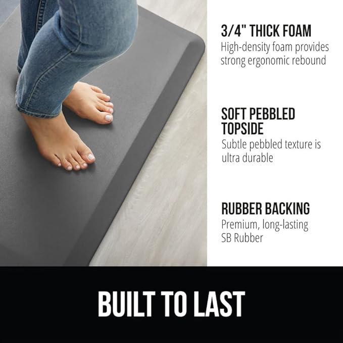GORILLA GRIP Comfortable Cushioned Kitchen Mats for Floor, Waterproof and Stain Resistant Soft Top, 3/4 Inch Thick Ergonomic Standing Desk Anti Fatigue Mat, Foam Supports Ankles and Feet, 17x24, Grey