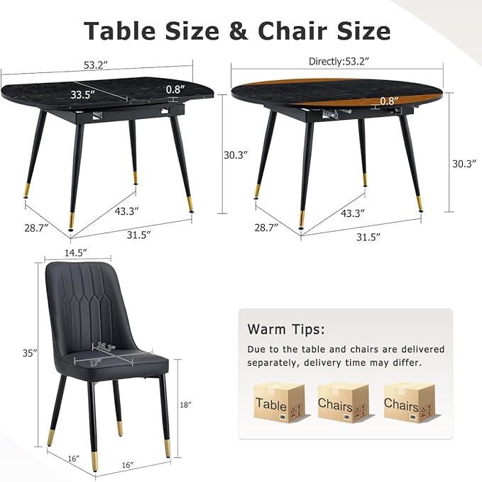 53” Round Dining Table Set for 6｜7 Piece Wood Dining Table Set｜Extendable Dining Room Table with 6 Chairs｜Black Wooden Tabletop with Metal Legs｜Easy Assembly｜Space Saving｜for Kitchen, Living Room