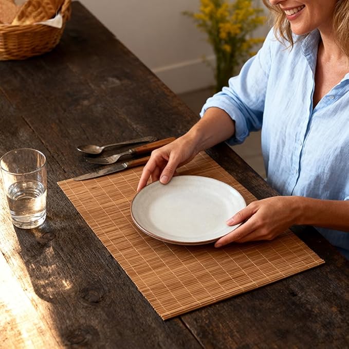 8-Pack Bamboo Placemats,Woven Heat-Resistant Rectangular Table Mats,Natural Dining Place Mats, Rustic Japanese Style Wood Mats for Indoor Dining,Kitchen and Party Use, Coffee