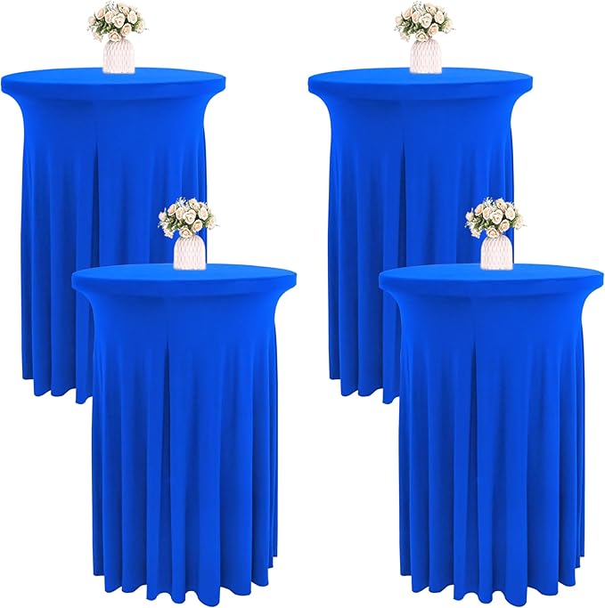 4 Packs 32 x 43 Inch Spandex Round Cocktail Table Skirts Spandex Cocktail Table Covers with Wavy Drapes Stretch Cocktail Tablecloth Fitted High Top Tables for Wedding Bar Party Banquet (Royal Blue)