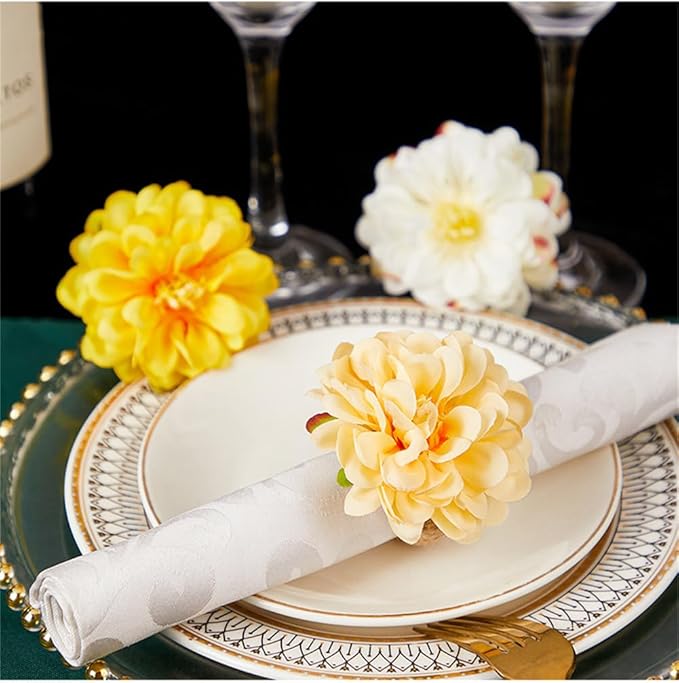 Floral Napkin Rings Set of 6,Rustic Rose Napkin Rings Flower Dinner Napkin Holder for Table Decoration (34#Champagne)