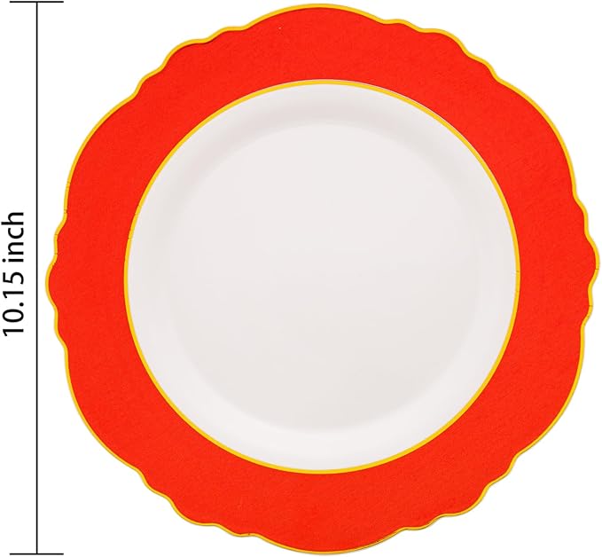 WDF 60pcs Red Valentines Plates with Gold Rim - 10.25inch Red Dinner Plates Disposable Plates Table Decor for Valentine's Day
