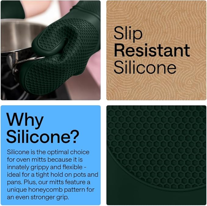 GORILLA GRIP BPA-Free Soft Silicone Oven Mitts, Heat Resistant and Waterproof Cooking Gloves, Thick Cotton Lining, Flexible Gripping for Baking Grilling, Kitchen Potholders Set, 12.5x8.3, Hunter Green