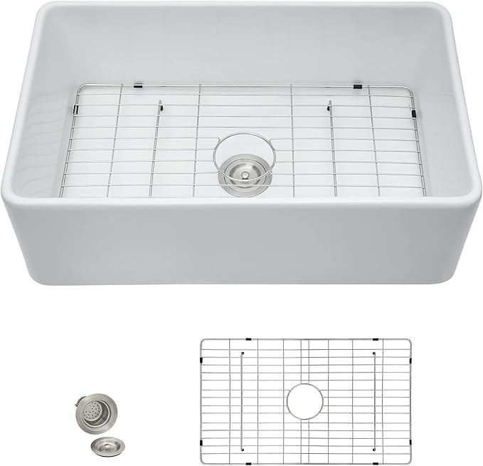30 White Farm Sink - Fulorni 30"x20" Farmhouse Kitchen Sink Flat Apron Front White Ceramic Porcelain Fireclay Farmer Country Style Single Bowl Basin