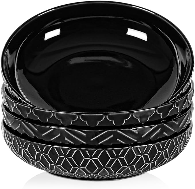 Sureasy Pasta Bowls Set of 4-30oz Large Embossed Salad Bowls, 8.5 Inch Wide and Shallow Plate Bowls, Salad Bowl, Microwave, Oven & Dishwasher Safe, Black