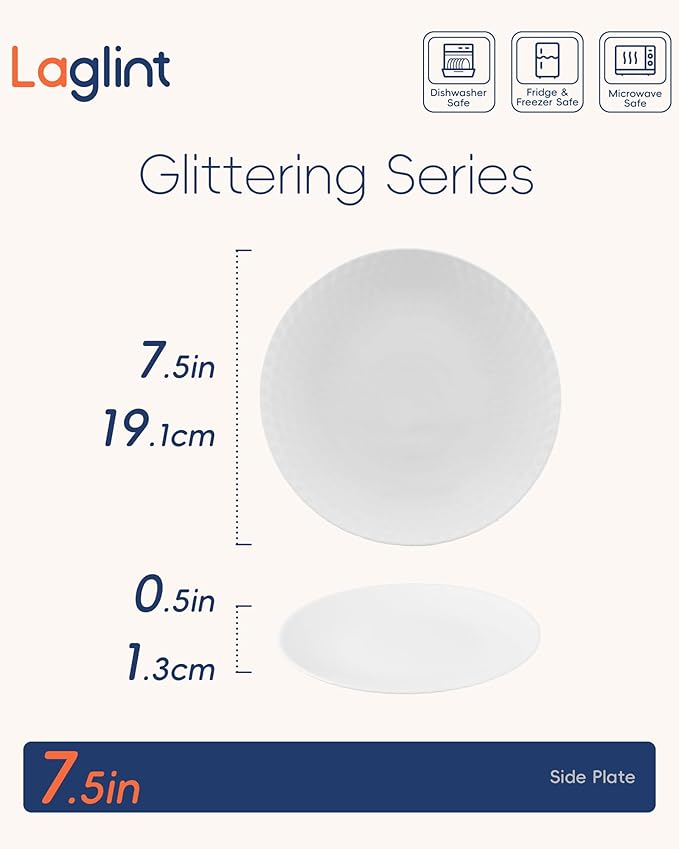 7.5 inch Appetizer Plate Set of 6, Opal Glass Round Geometric Faceted Small White Plates for Salad Dessert, Kitchen, Dishwasher and Microwave Safe