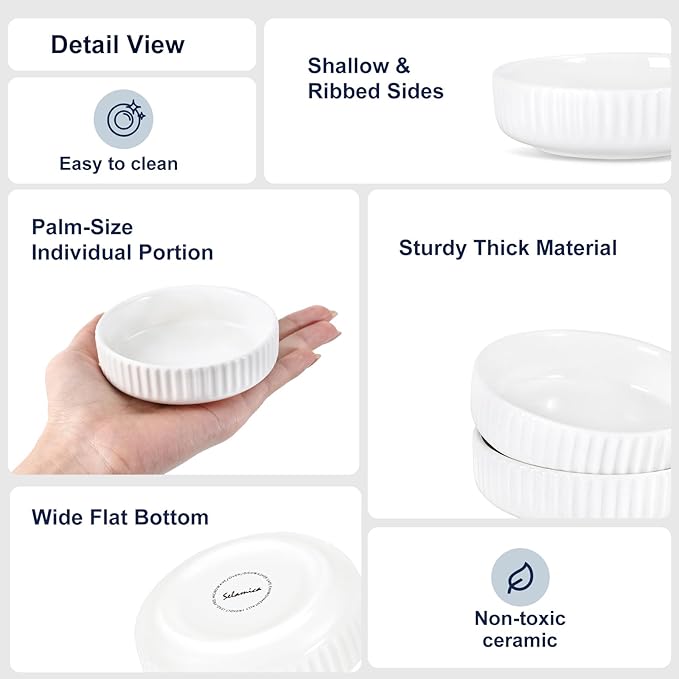 Selamica Ceramic Soy Sauce Dish, 2.6 Oz Dipping Bowls Set of 6, 3.5 Inch Pinch Bowls for Dip, Side Dish, Condiments, Sushi, Set of 6, White