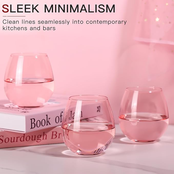 Pink Wine Glasses Set of 6-15oz -Colored Stemless Hand-Blown Wine Glasses, European Design Crystal Glass For Red & White Wine, Unique Gifts for Wedding, Birthday,Valentine's Day
