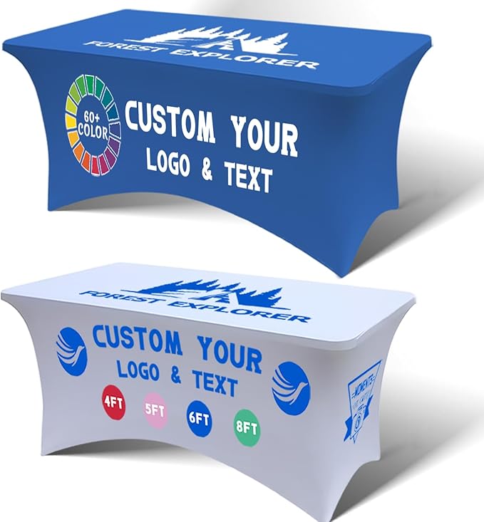 Personalized Table Cloth with Logo Image Customized Tablecloth 4FT/5FT/6FT/8FT Spandex Customized Table Cover Promotional Business Tradeshow Events Birthday Party Wedding (8FT Spandex(Closed back))