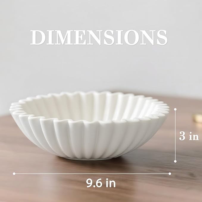 Large Decorative Bowl, White Ceramic Fruit Bowl for Kitchen Counter, Key Bowls for Entryway Table, Modern Coffee Table Home Decor, Scalloped Handmade Artwork