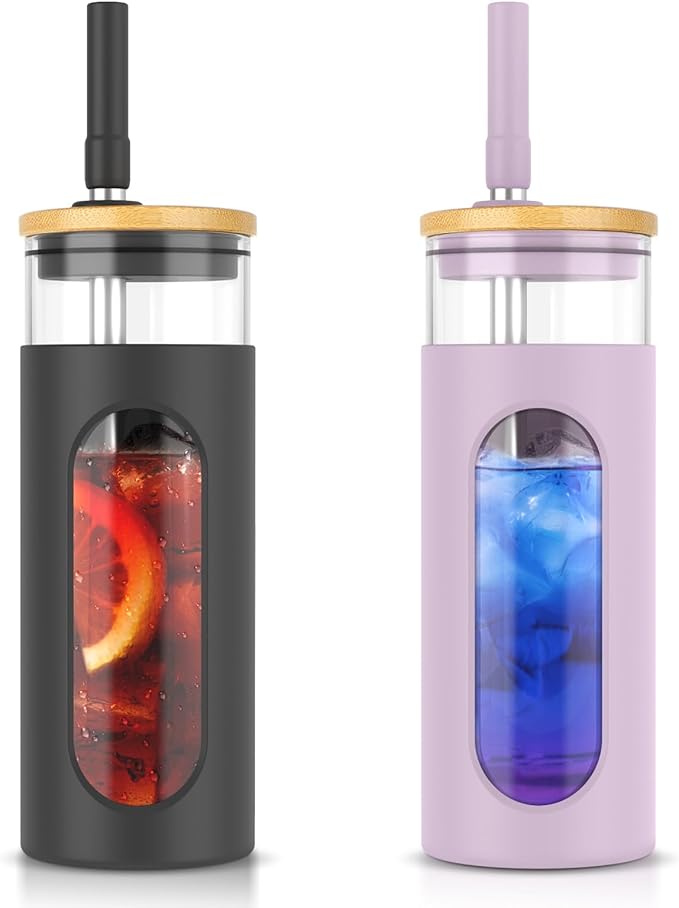 Tronco 20oz Glass Tumbler with Bamboo Lid and Straw, Reusable Iced Coffee Cup for Boba Tea, Smoothies & Cold Drinks, Spill-Proof Glass Cup with Silicone Sleeve, Dishwasher Safe, BPA-Free (Pack of 2)