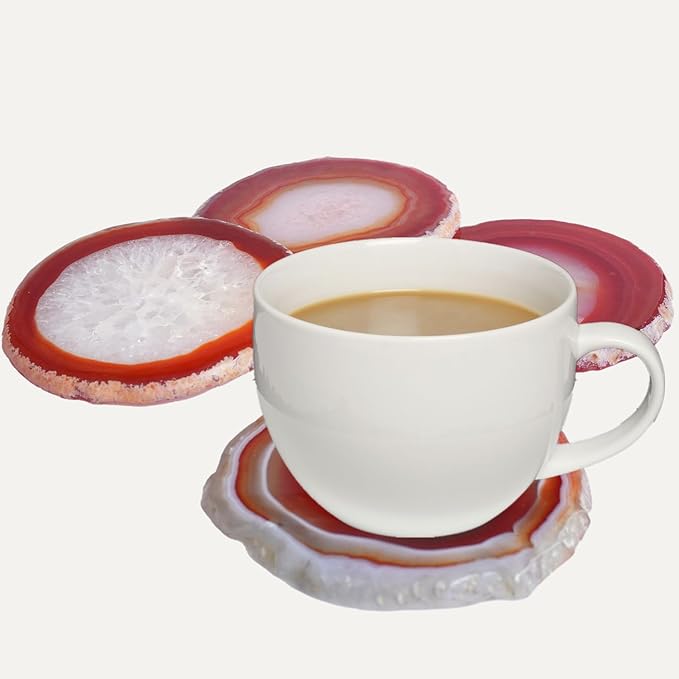 Natural Agate Coasters Set of 4 - Dyed Orange Red Irregular Circle Stone Drink Coasters with Rubber 3-4" Unique Home Decor for Coffee Table Wedding Creative Cards