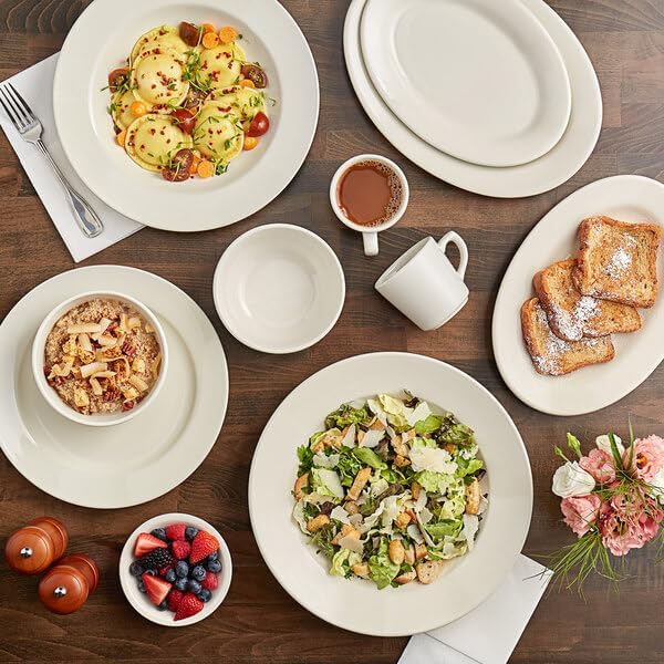 Stoneware Wide Rim Dinner Plates, 10.5 Inch, Ivory White, Microwave and Oven Safe, Round, 12 Count